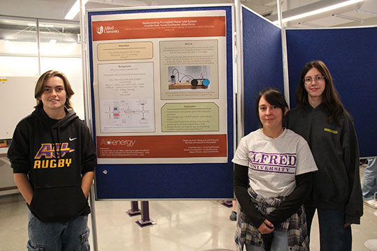 three young women standing in front of a poster