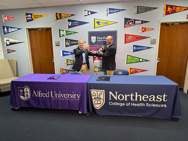 two people standing behind tables holding a pendant