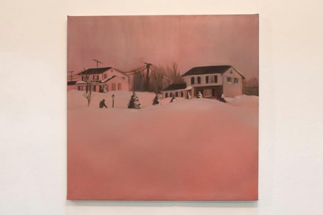 Pink snowy landscape with two houses in a tree-lined field. 