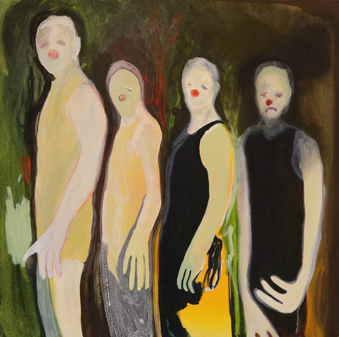 Oil painting depicting four figures with clown makeup. 