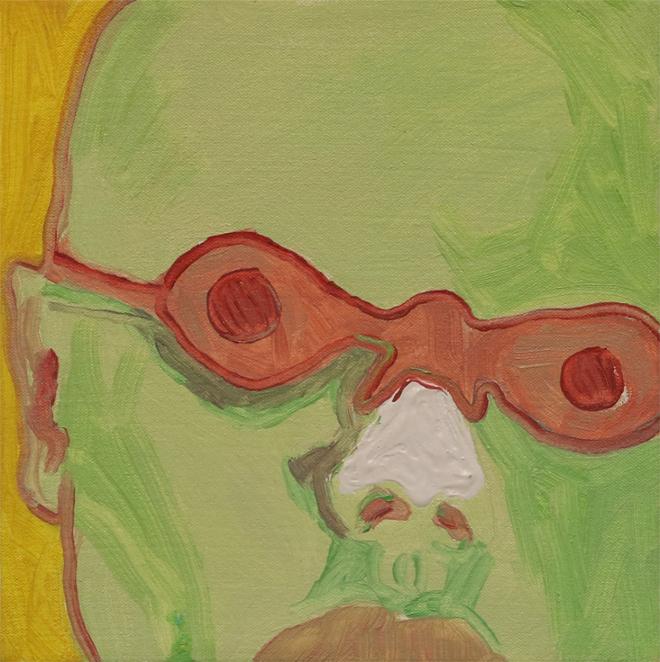 Oil painting depicting a close up of a green figure with goggles and sunscreen on nose. 