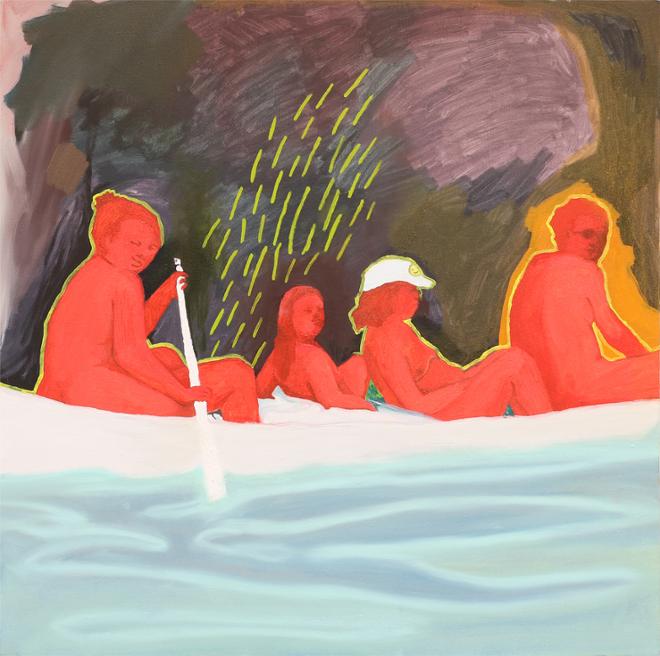 Oil painting depicting 4 red figures on a canoe in water.  