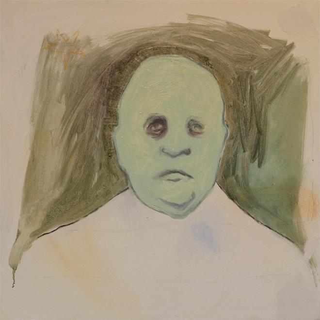 Oil painting portrait of green figure. 