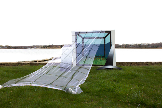 painting of cube with grass in front of a lake with mesh grid patterned fabric draped over.