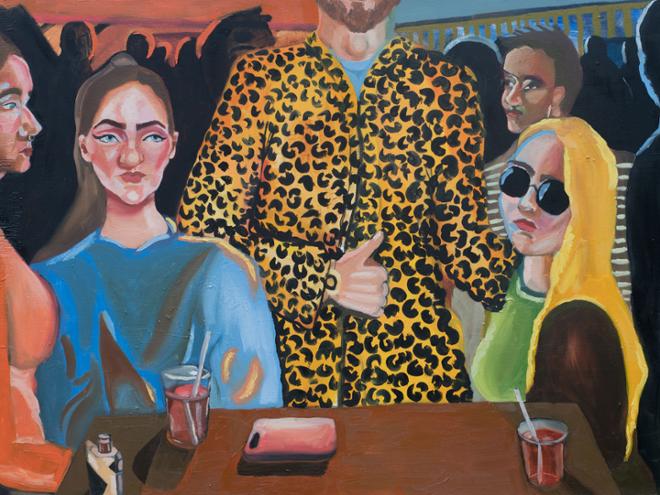 Painting of people in night club at table.