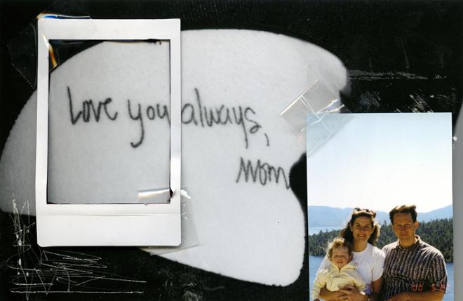 A collage with a family picture in the bottom right corner and the text “love you always, mom” in the center. 