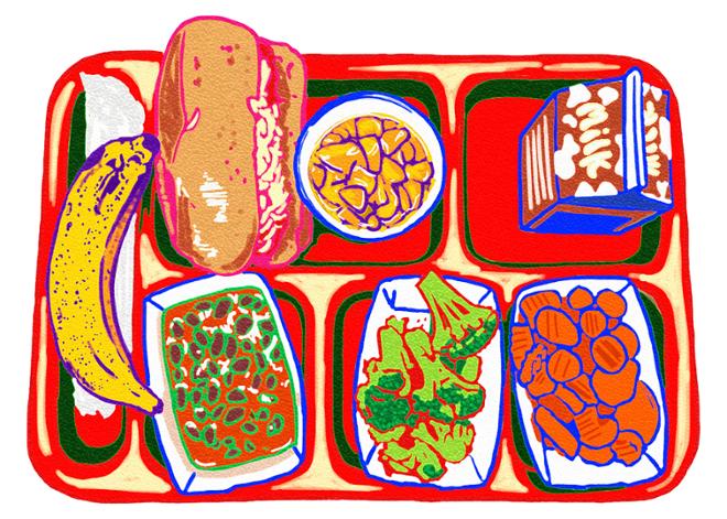 A digital drawing of a school lunch tray depicting a meatball sub, a banana, and an assortment of sides in bright colors. 