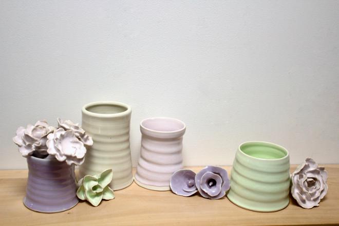 Ceramic vases with ceramic flowers. 