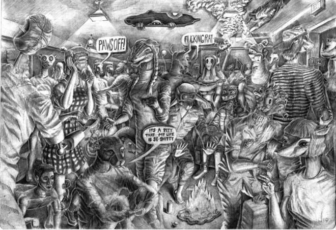 A drawing of a lot of people, some with animals heads at a party.  