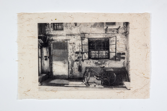 Photo Polymer plate intaglio, man with bicycle