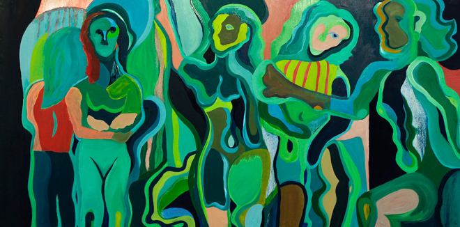 A horizontal composition depicting five women in various green, blue, and peach colors. On the left there is a woman facing the back with her head on the shoulder of another figure facing front. The middle figure has her hand raised, while the one next to her faces the viewer. The last figure all the way to the right is running and reaching into the frame. 