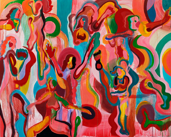 A dominantly pink painting with multiple women figures throughout the horizontal composition. The gestures throughout the piece portray powerful stances within the body: a kick, spread out sitting position, a punch, arms crossed, hands up, and an activated run. The space in between the figures include washes on pinks with some light, solid blue. 