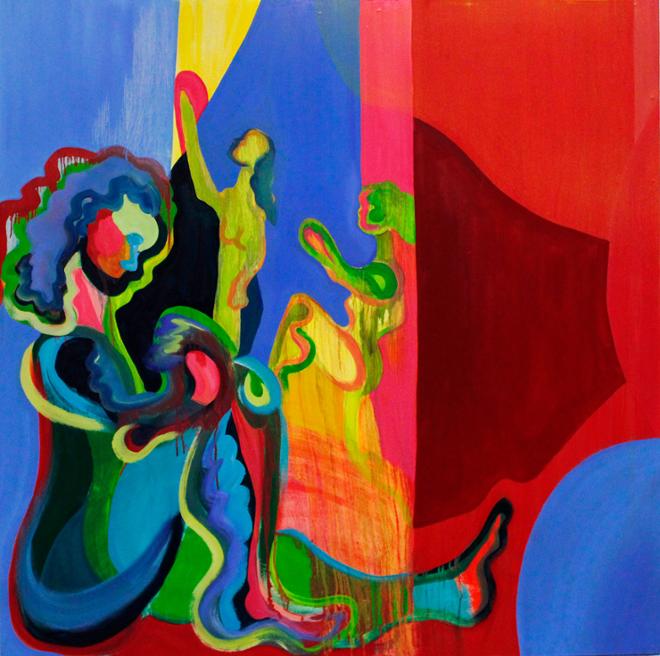An oil painting with a large figure made up of expressive lines of blue, greens, and pink sitting in the left corner. The space around the rest of the square composition is constructed with vertical blocks of color, starting with blue, then yellow, blue, a thin pink, and a large red block. There are two smaller transparent figures in the middle on the composition with one on the right reaching up and the other running to reach the top.  