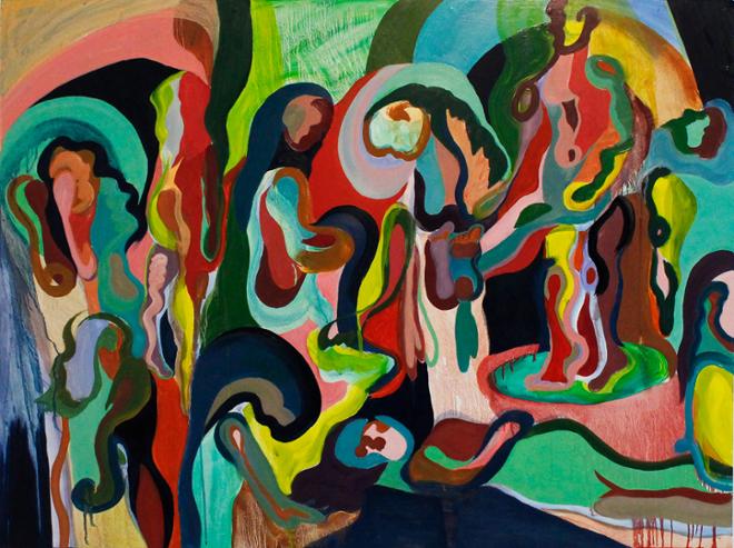 A horizontal oil painting with blues, greens, browns, reds, and lime greens. The figurative shapes throughout the composition gesture holding their face, hanging their head, and laying down. 