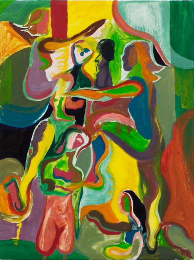 A vertical oil painting with prominent colors of olive greens, purple, burnt oranges, brown, and a glowing yellow. There are six figures building the composition with two on the ground laying down and kneeling, two figures in the middle ground facing each other with a leg up in a skip, and two in the upper-middle standing with one facing the right side and the other facing the viewer. The surrounding environment in made up of various shapes complementing the figures. 