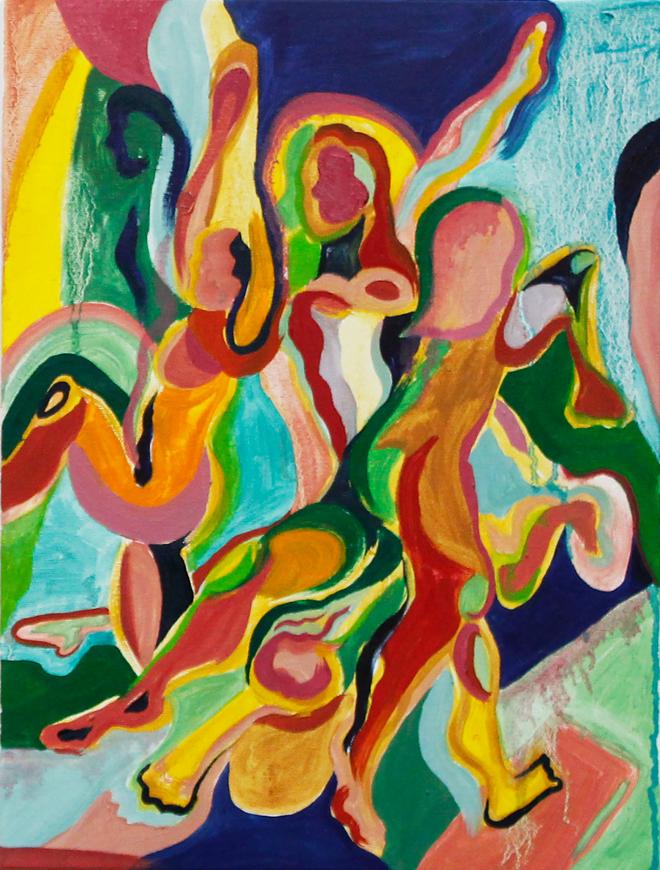 A vertical oil painting with bright pastel colors of blues, greens, oranges, pink and yellows creating 5 figures. The figures build the vertical composition by laying down, walking back into the space, and extending their arms and legs. There are various paint applications with transparent washes as well as thicker strokes and shapes creating the figures and the negative space. 