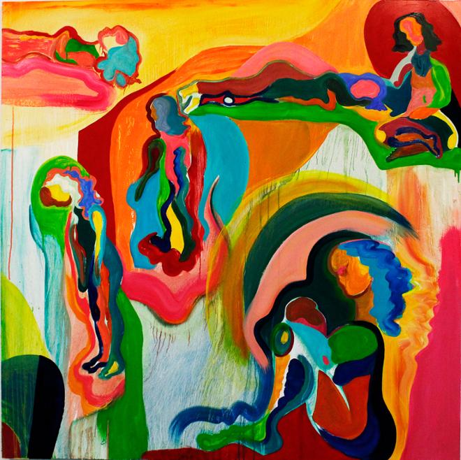 A figurative painting depicting six women spread throughout the piece. The colors are warm and bright with yellow, orange, pink, and green with highlights of a bright blue. The figures are each in their own world, while all existing in this square composition. One lays down, another walks away, one hangs her head, tow comfort each other, and the largest one sits holding their knees to their chest. 
