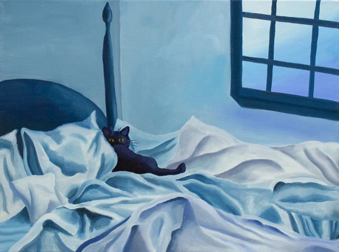 A painting of a bedroom rendered in varying shades of blue. An unmade bed fills the lower half of the painting. There is a cat with yellow eyes laying on the bed, staring at the viewer. On the upper right-hand side of the painting, there is a window looking outside.