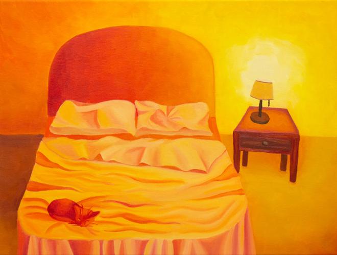 A painting of a bedroom rendered in varying shades of yellow and orange. A bed with wrinkly sheets fills the majority of the composition. There is a cat sleeping at the foot of the bed on the left-hand side. On the right-hand side of the painting, there is a nightstand with a small lamp on top that is illuminating the room.
