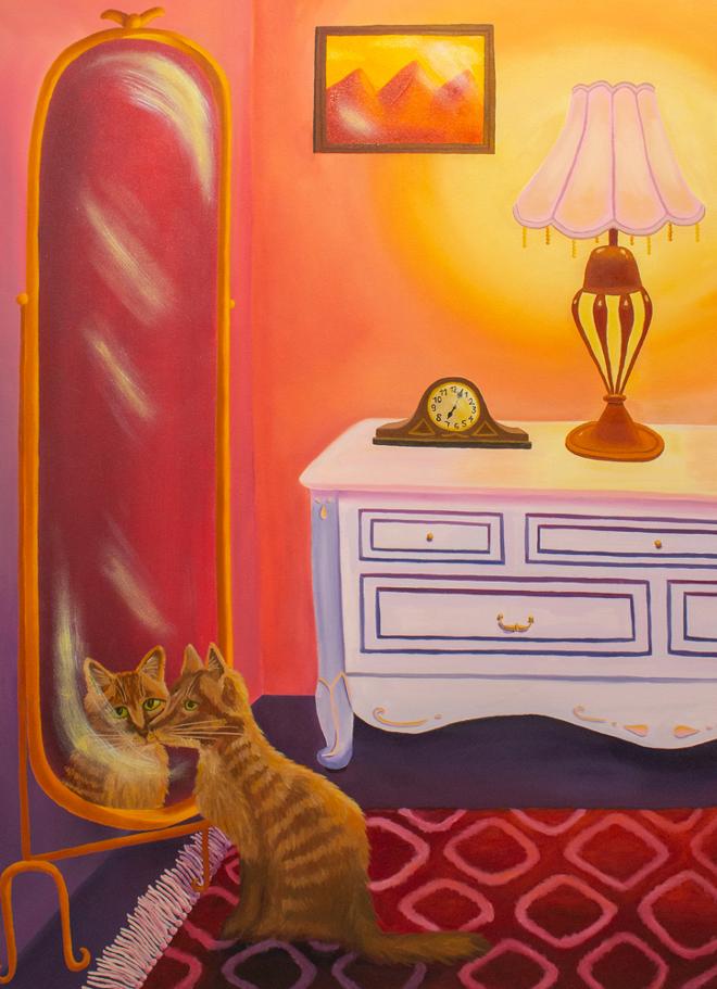 A painting depicting the corner of a room. On the left-hand side of the painting, there is a full length mirror. A brown striped cat is sitting in front of the mirror and looking at itself. There is a red patterned carpet on the floor. On the right-hand side of the painting, there is a purple dresser. On top of the dresser, there is small brown clock and an antique copper lamp. The lamp is illuminating the room through a pink and yellow lampshade. There is a framed picture of orange mountains hanging above the clock on the wall.