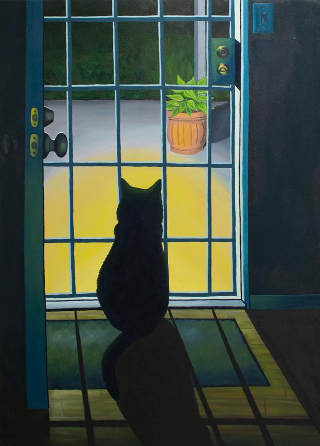 A painting depicting a cat sitting in front of a glass door looking outside at night. The cat appears as a dark blue silhouette with a long shadow behind it over a wooden floor and a doormat. On the other side of the glass door, there is a yellow light illuminating a concrete porch and a small plant. 