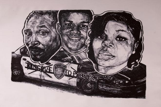  A lithography print. There are three faces together at the top of the print. From left to right is : Rodney King, Trayvon Martin, and Breonna Taylor. Underneath and behind their faces is a cop car with the words “to serve and to protect” on the side of the car but is crossed out.