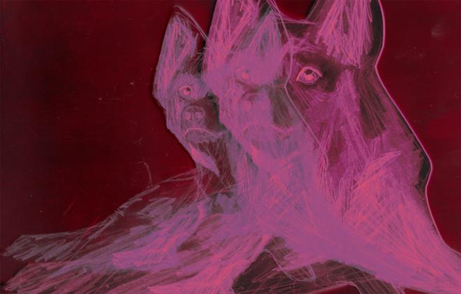 The background appears to be a metal plate colored a blood red with light pink scratches. Over top is a repeated image of a wolfish looking dog with a graphite texture, and energetic linework. Between the linework of the dog are darker areas, which turn the background blood red either a navy or dark green. Behind the dog is a subtle glow, on the left it is dark, the right is lighter. The dog’s facial expression is reserved.