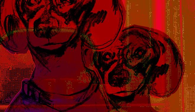 The image is mainly reds, with green, yellow, red and purple dots interacting with shaded silhouettes. Repeated twice is an image of a dachshund with an imposing expression, and one is further left and up as well as bigger, and her head is interrupted by the end of the canvas, as she is cut off at her eyes. The other is further right and a bit lower. The graphite textured lines of the drawing of the dog are black. On the right of the image is a light brown cut by various magenta lines, these all fade into the previously mentioned dots. Over the light brown are magenta dots. The left of the image are black, bitmapped dots outlined with red, and the left dog has a small outline of magenta.