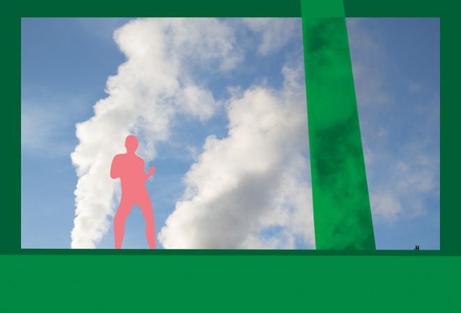 A horizontal photograph looking up from the ground at a roof with a smoke stack and two plumes of white smoke rising up from behind. The image is framed by a border of two shades of dark green. The smoke stack is covered by a transparent layer of the same green. A dark pink figure is dancing on the roof in the foreground.