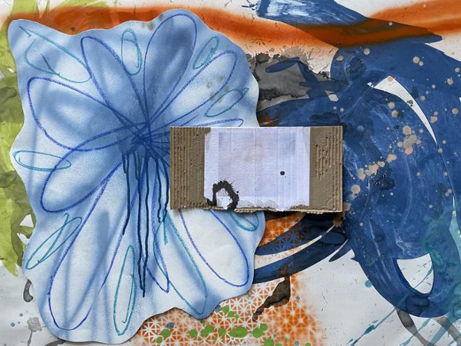 This college is made of three main components. The background is a large painting, with wild blue, orange, and green gestures. There are black and pink ink splatters as well as an orange pattern on top of the original marks. On top of this painting is a blue spray paint flower, outlined in oil pastels. The shape of that paper the flower is on is cut to match the form. Finally, a small piece of cardboard with a photograph glued to the surface is the foremost layer of the collage. The cardboard is torn, revealing its true texture. There are two single, dark ink marks staining the surface of the photograph. 
