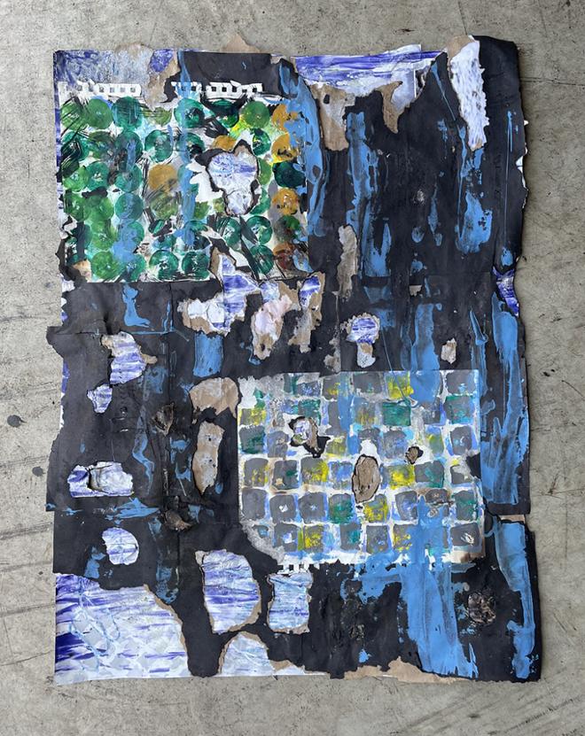 This deconstructed abstract painting has many layers that are revealed and concealed. The base is a patterned wallpaper, covered entirely by brown paper bags and black construction paper. Sketchbook pages are added and contain geometric patterns. Blue paint is smeared on the parts of the surface the sketchbook pages don’t cover. Parts of the painting have been ripped, burned and sanded away to reveal the underlying layers. 