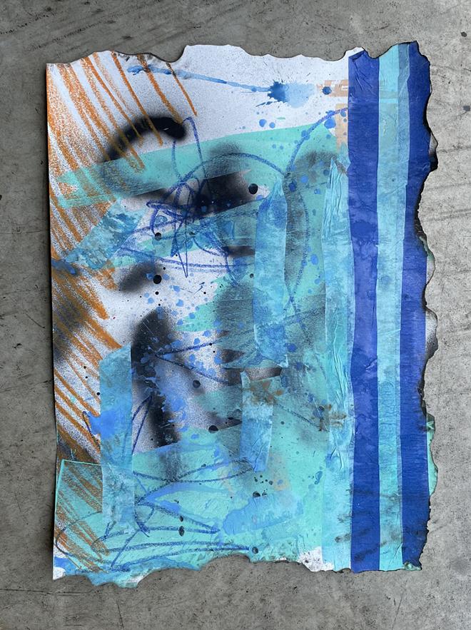An abstract painting on white paper marked by black graffiti and expressive gestures made from dark blue oil pastels. The paper is positioned vertically and the left side has been scribbled with orange oil pastels, creating a striped pattern. Dark blue and bright teal party streamers have been adhered to the right side of the paper as well as haphazardly moving across the surface to the middle of the composition. Blue water droplets have been splattered and dried on the surface. Three of the four sides of the page have been burned (top, right-side, bottom), creating irregular edges.  