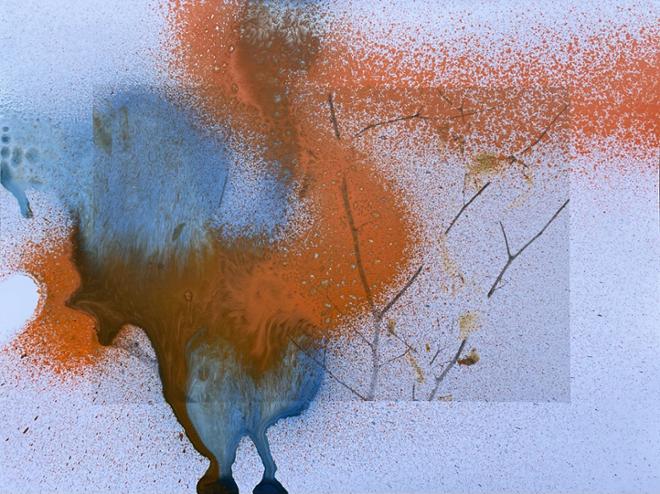 The painting is made of two materials: a photo print obscured by spattered and running spray paint. The image in the background depicts dying tree branches, losing their leaves on a mostly white background. That imagery is partially covered by the bright orange and blue spray paint marks.  