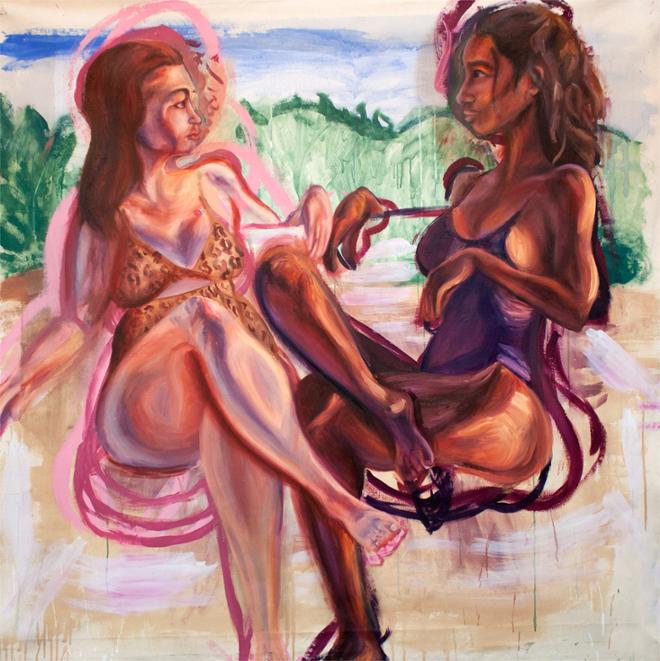 The painting features two women sitting on a loosely sketched bench in an abstracted beach scene. The two women are staring at each other and shown in profile. One woman is white, and the other is Hispanic. They are both exaggerated in form and color. Initial traces and reworking of the figure are present in the finished piece. 