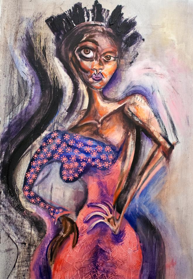 The painting is of an abstracted individual woman who is multi-racial. The woman stands with her hands on her hips. Her left eye (from the viewer's perspective) is much larger. She is wearing a dress that is blue at the bust and pink at the bottom. The blue part of the dress has a small pink floral pattern. The pink part of the dress has a large floral pattern. The painting is overall very expressive with swooshed painting gestures and charcoal mark-making. 