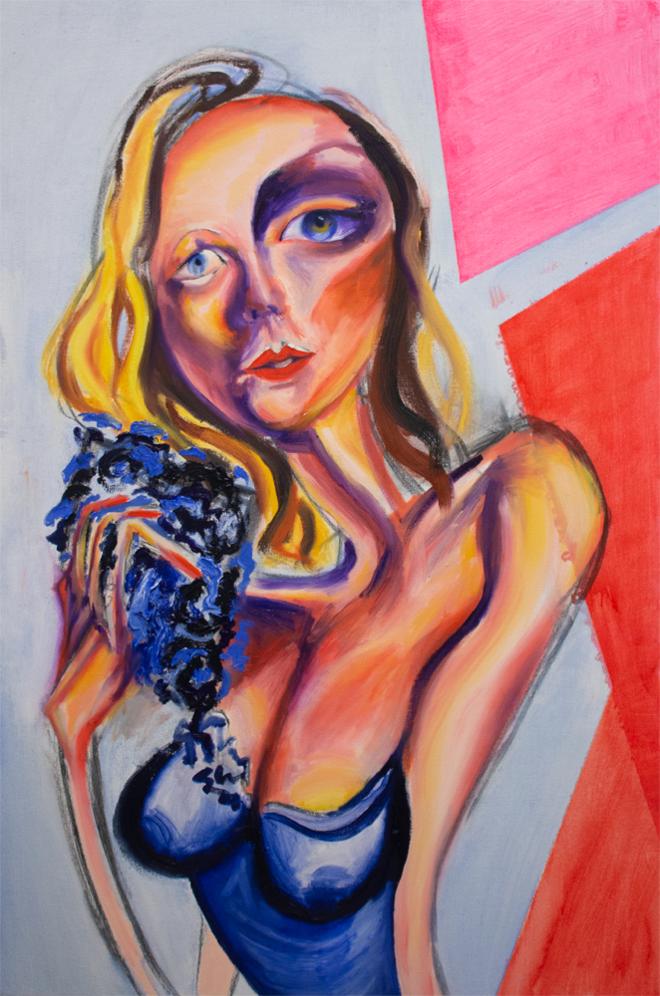 The painting is of an abstracted white woman with blonde hair from the waist up. Her left hand (from the viewer’s perspective) is gripping a highly texturized sleeve. She is wearing a rich blue dress. Her right eye (from the viewer’s perspective) is much larger than her cat-like left eye. Throughout her fair skin are intense hues of purple, yellow, and reddish orange. The background is a pale blue with pink and red triangles on the right side (from the viewer’s perspective.  