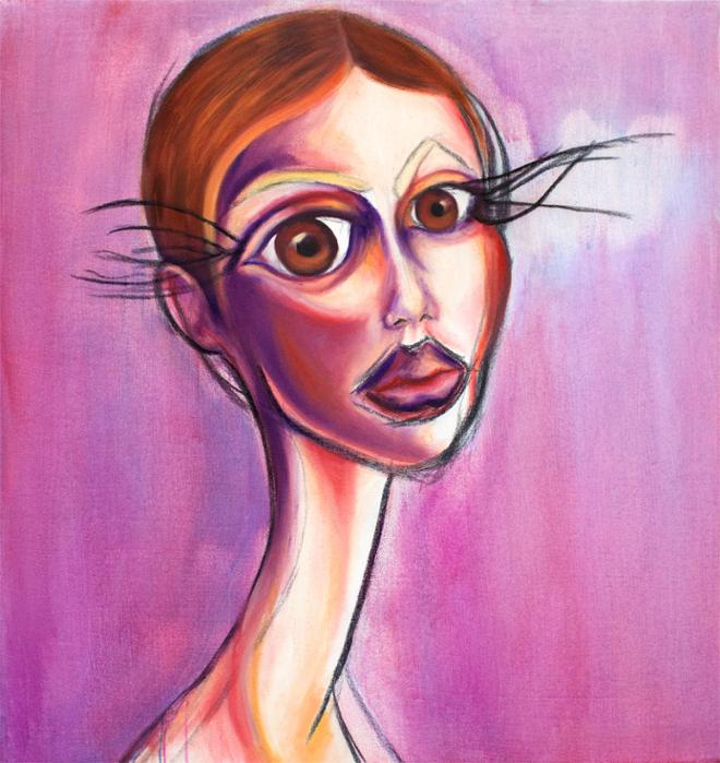 The painting is of an abstracted white woman from the neck up. She has short reddish-brown hair with a strawberry blonde highlight. The woman's neck, mouth, and eyes are highly exaggerated. The figure's eyelashes are incredibly long. The initial charcoal drawing is strongly present in the finished piece. Among her pale complexion are intense moments of reds and purples. The background is a light blueish purple. 