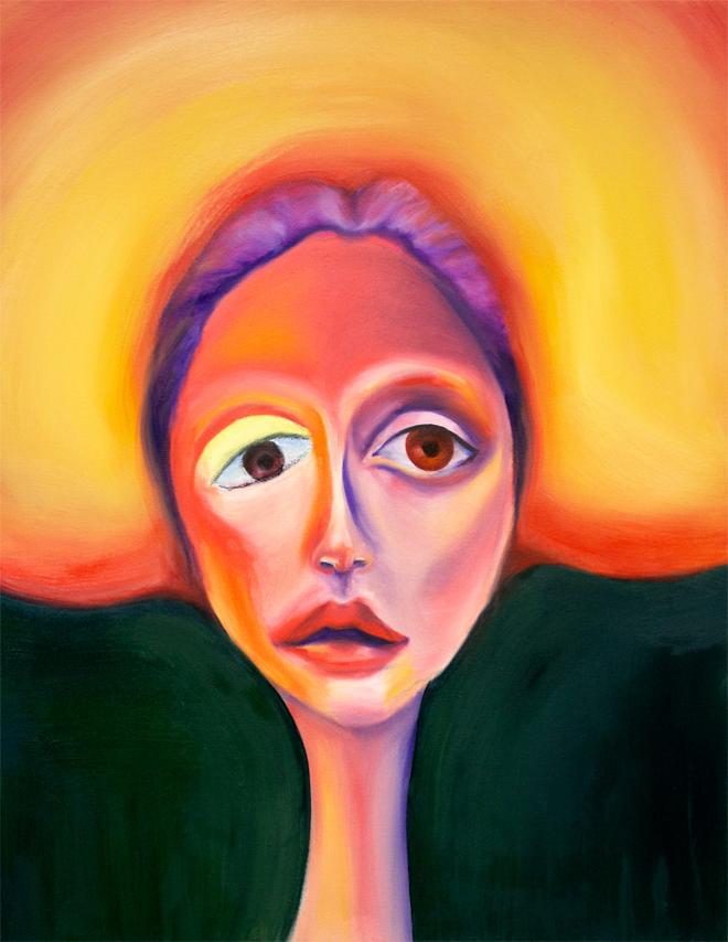 The painting is of an abstracted white woman from the neck up facing straight forward. She has purple-pink hair and is wearing a large golden hat. The woman’s neck is extremely long. Charcoal is present in her left eye (from the viewer’s perspective). Within her skin tone are strong hints of red, orange, purple, and pink. The background is a rich forest green color. 