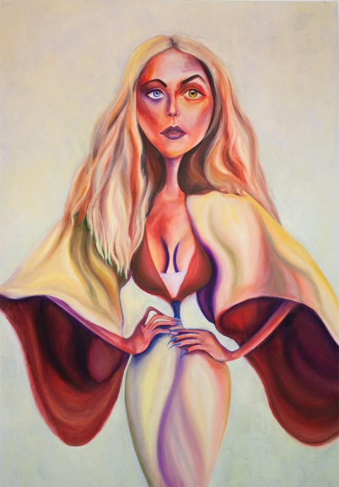 The painting is of an abstracted white woman with her hands on her hips facing frontward. She has blonde hair with reddish-orange highlights. She is wearing an orange and yellow dress with oversized sleeves and a blue waist. Color is highly intensified throughout the painting. The woman has long blue nails. She has a long, thin neck and an almost non-existent waist. One eye is blue, and the other is green. The background is lightly textured and has a pale-yellow color. 