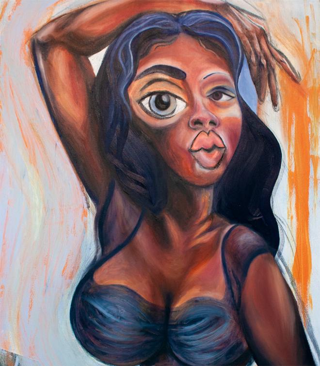 The painting is of an abstracted black woman from the bust-up. She has her left arm (from the viewer’s perspective) hanging over her head. She has blue, wavy hair. She is wearing a rich blue dress with transparent sleeves. Charcoal is apparent in the figure’s left eye ( from the viewer’s perspective), surrounding her mouth, and all around the figure. The background is a light blue with flicks of orange throughout that are reminiscent of the orange hues in her skin tone. 
