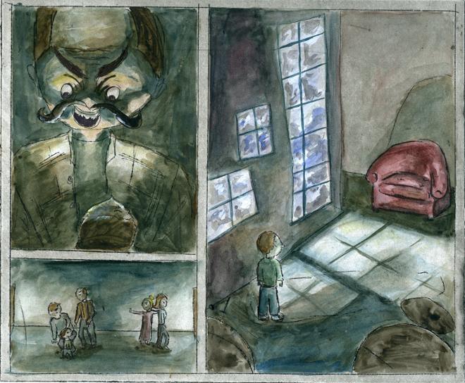 Top left panel shows a man looking down on a child menacingly. The bottom left panel shows the separating of the men and women. The right panel shows an eerie hallway at night with a child viewing it.  