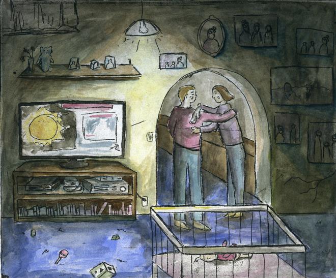 A couple stands in a doorway, crying and comforting each other. Portraits of family are all over the walls, and on the side is a TV with news of the worst. In the middle, is a baby crib with a baby inside who is laying down. 