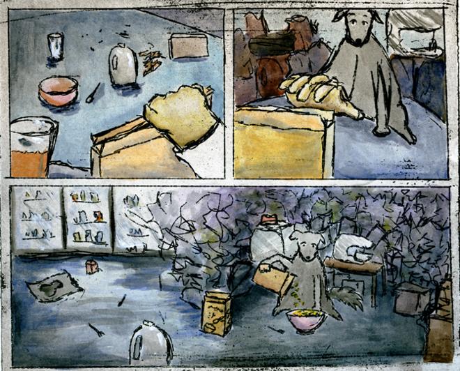 The top right panel shows a dog with a human hand, reaching towards a box. The top left shows the surrounding materials: a bowl, milk, orange juice, and utensils. The bottom panel shows the dog pouring his own cereal, behind a massive pile of clutter and the freezer section.