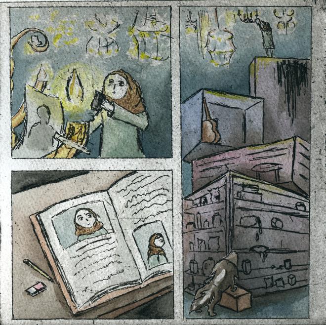 The top left panel shows a woman clipping photos onto a chandelier. The bottom left shows a book about that woman that the dog had created when he was human. The left panel is a zoom out of the scene, showing the dog looking up at the woman who is standing on supermarket shelves.  