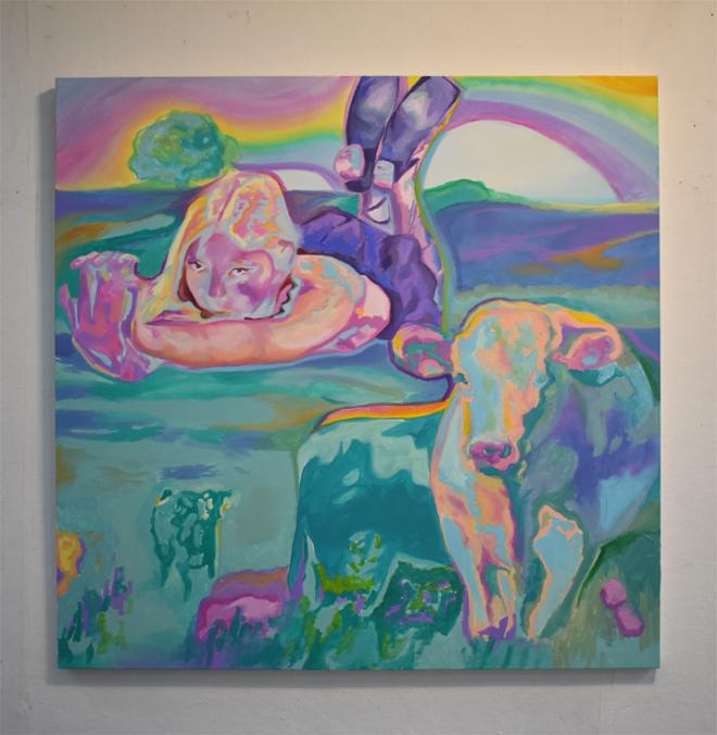 Oil on canvas showing a large figure lying down next to cattle 