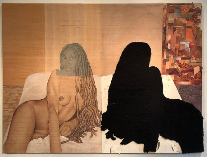 A realistic Black woman in a domestic space with her material alter directly to the right.