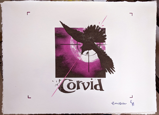 Print of a band t-shirt design depicting a raven flying in front of a halftone moon and gun sight on a purple cloudy sky, pink line passing through the bird and the fictional band’s title, ‘Corvid,’ below