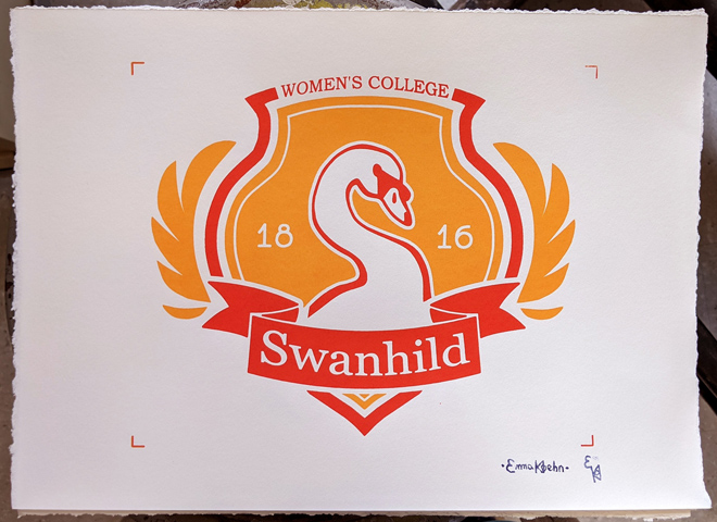  Print of a red and gold fictional university emblem depicting a swan, the words ‘swanhild,’ ‘women’s college,’ and the number ‘1816’ with wing-like flourishes on the sides