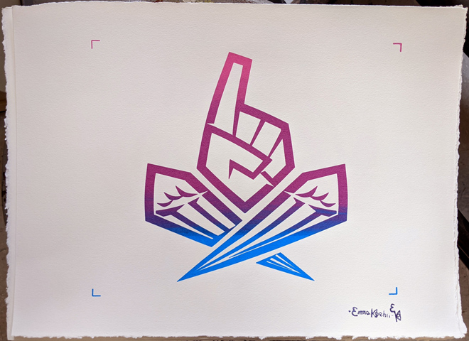  Print of a fictional organization’s symbol depicting a hand, in a ‘number 1’ gesture, above crossed wings, with the lines colored with a pink, purple, and blue gradient