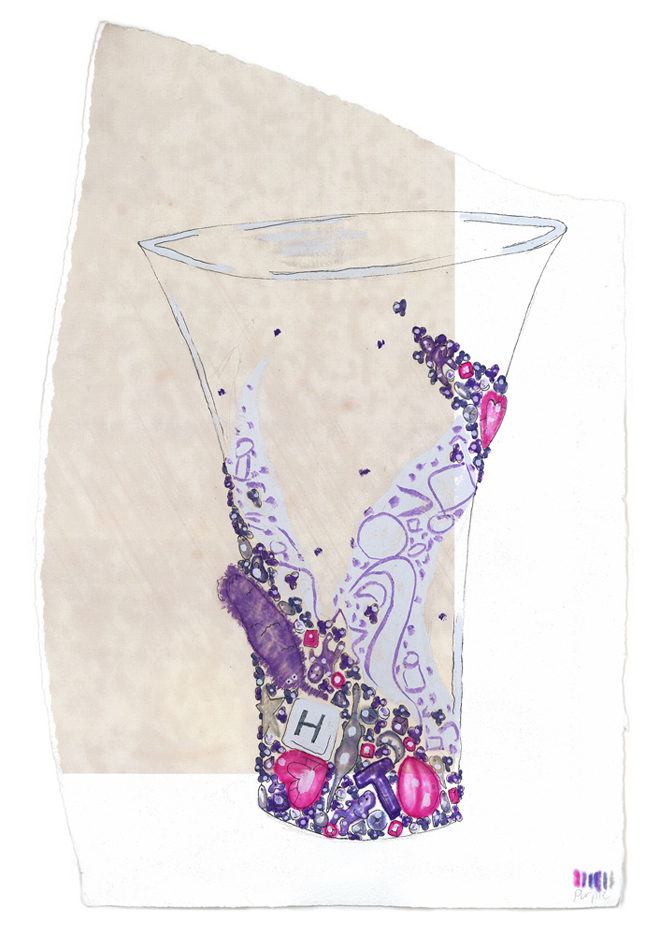 An illustration of a glass vase adorned with children's toys and tiny flowers in a wave pattern all in a vibrant purple. 